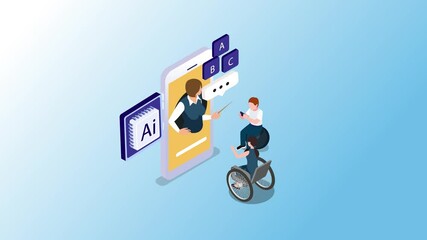 virtual AI teacher on a smartphone screen instructs students, including one in a wheelchair, symbolizing accessible and technologically advanced education for ai 3d animation cartoon - Powered by Adobe