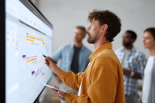 Teamwork in modern office. Man pointing at interactive screen showing project timeline. Diverse group collaborating, planning, strategizing. Business success.