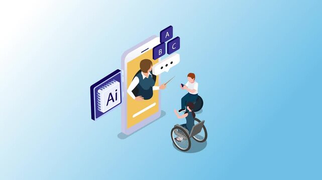 virtual AI teacher on a smartphone screen instructs students, including one in a wheelchair, symbolizing accessible and technologically advanced education for ai 3d animation cartoon