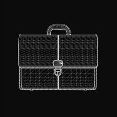 A 3D wireframe briefcase model stands against a sleek black background, highlighting its realistic details and professional design. The structured suitcase features clean lines, a modern form