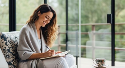 Woman journaling comfortably at home with a warm drink nearby