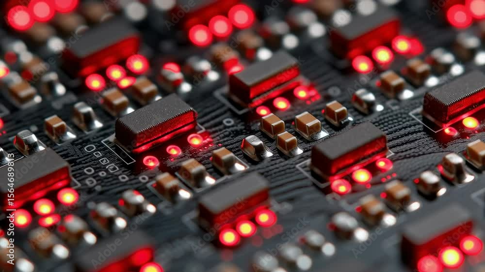 Poster close-up of embedded processor module with soldered connections and led indicators