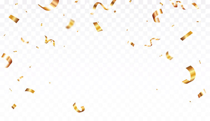 Gold Confetti and ribbons celebration party design element, Falling shiny gold confetti isolated on transparent background