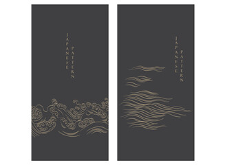 Japanese background with hand drawn line wave pattern vector. Abstract template with geometric curve pattern. Natural layout design in oriental style