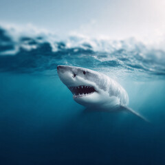 Naklejka premium Great white shark surfacing with visible teeth, menacing and powerful. Illustrates danger, marine wildlife, or the oceans might. Perfect for conservation awareness.