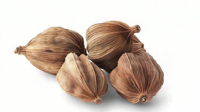 A cluster of dried garlic bulbs arranged neatly on a white surface