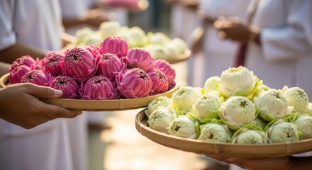 People Offering Pink and White Lotus Flowers