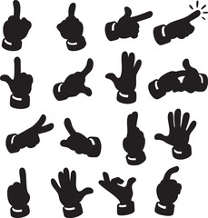 Collection of cartoon hand gestures and poses in silhouette for pointing and signaling
