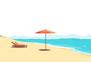 Tropical beach with sun lounger and umbrella by the water  