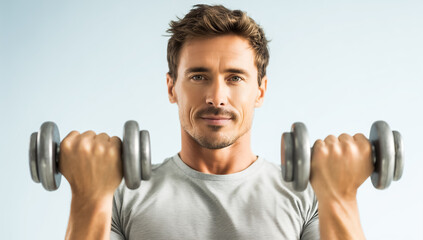 Gym-style portrait of muscular man lifting weights