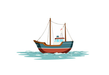 Cartoon fishing boat sailing on calm water in simple style  