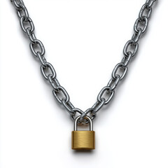 A gold padlock securing a metal chain isolated on white background
