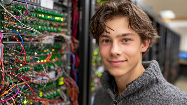 Young techie smiles, surrounded by servers. Next-gen IT pro admires advanced infrastructure in server room.