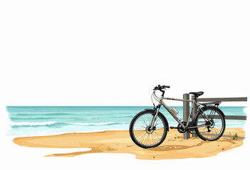Fototapeta premium Bicycle parked on sandy beach by ocean under clear blue sky 