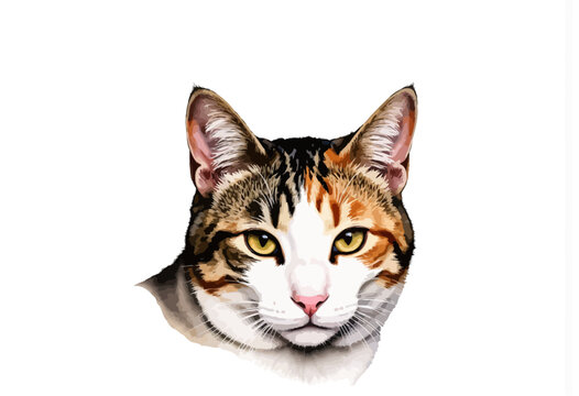 Tabby cat head with green eyes on a white background  