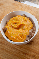 A view of an entree of butternut squash mac and cheese.