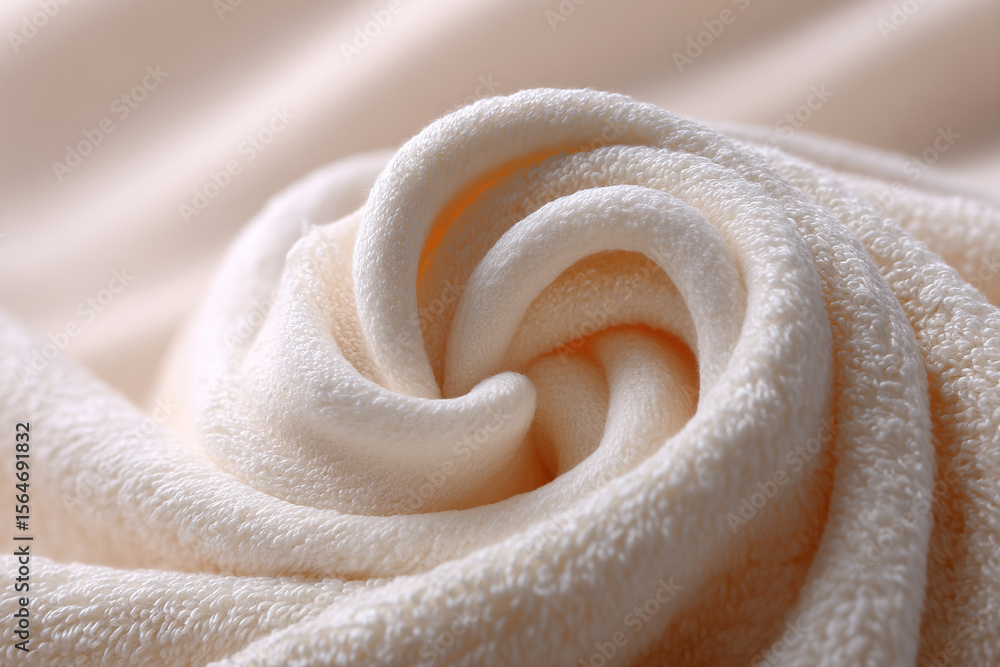 Poster close-up of a plush, soft-textured fabric rolled into a spiral shape, creating a gentle, inviting vi