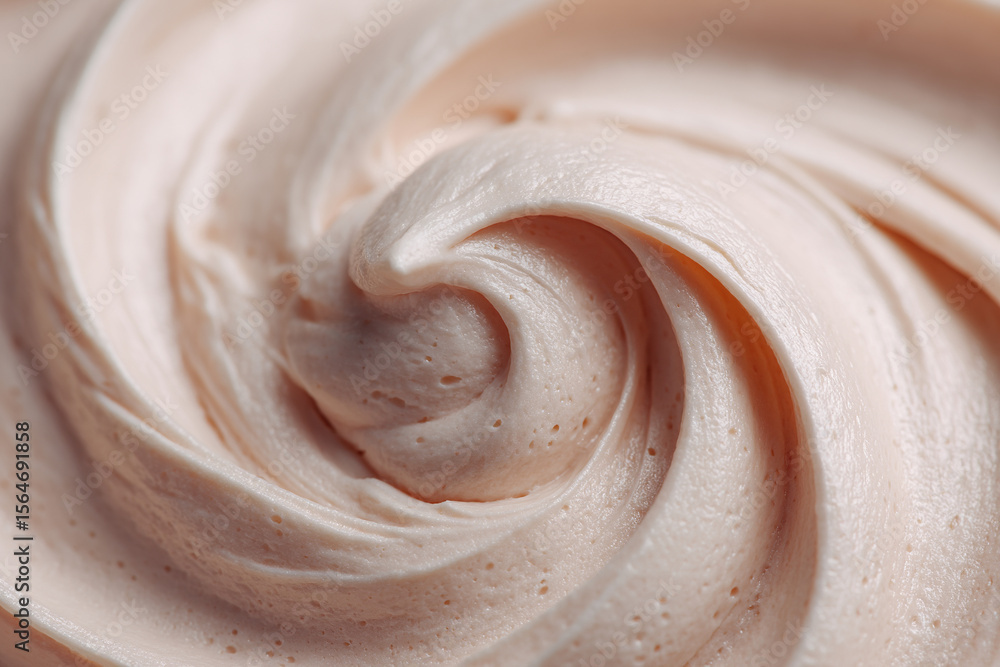 Poster macro shot of a light pink cream frosting, swirled into a dense, textured surface, highlighting its 