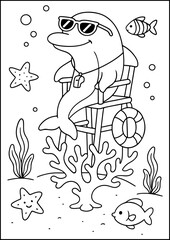 coloring book page, This helpful dolphin keeps all sea creatures safe with its lifeguard skills!