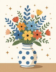 a charming illustration of a white vase with blue polka dots