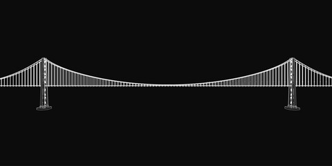 The Golden Gate Bridge stands tall with its two iconic towers and intricate cable design, rendered in striking black and white. This architectural marvel spans the San Francisco Bay.