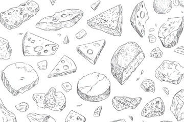 Continuous line drawing set featuring various pieces of cheese arranged on a white background highlighting unique shapes and textures for artistic inspiration