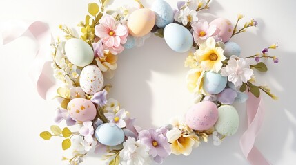 Elegant spring wreath with Easter eggs, roses, daffodils, and greenery on soft white background