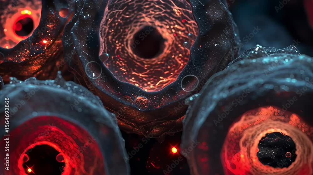 Poster detailed close-up of capillary structures and dynamic flow through cellular systems
