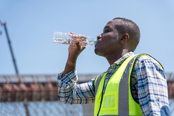 Engineer Man Drinking Water at Site, Construction Worker Staying Hydrated on Site, Man Drinking Water Outdoors on Hot Day