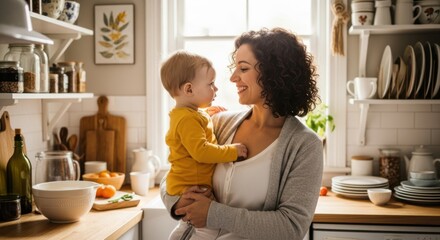 Happy Mother Holding Her Child in a Bright Kitchen