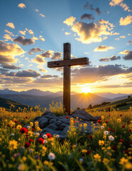 a serene landscape with a wooden cross prominently standing in the foreground