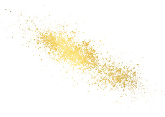 Scattered golden shiny glitter, bright gold sparkles, shimmering particles, isolated on transparent background