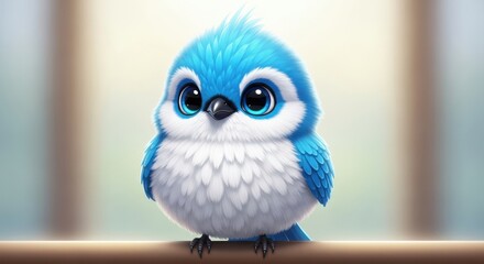 Adorable fluffy blue bird with big eyes sitting on a branch