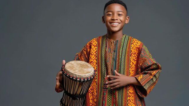 A young boy wearing traditional garb smiles while holding a djembe drum, embodying the spirit of African culture and heritage.