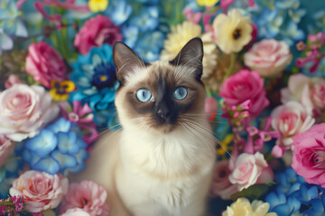 Beautiful Siamese Cat Among Flowers