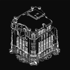 A destroyed house in black and white blueprint style, featuring intricate architectural details like windows and doors. The drawing stands out against a dark background.