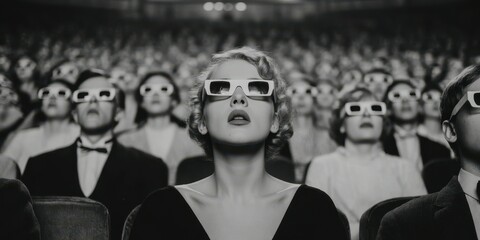 Audience captivated by 3D film in historic theater during a classic movie screening event at night