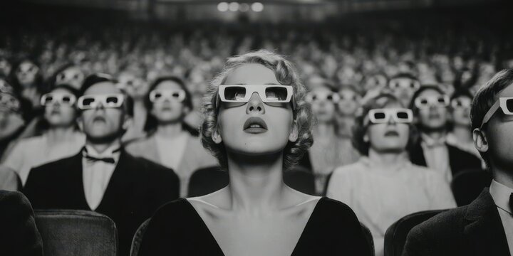 Audience captivated by 3D film in historic theater during a classic movie screening event at night