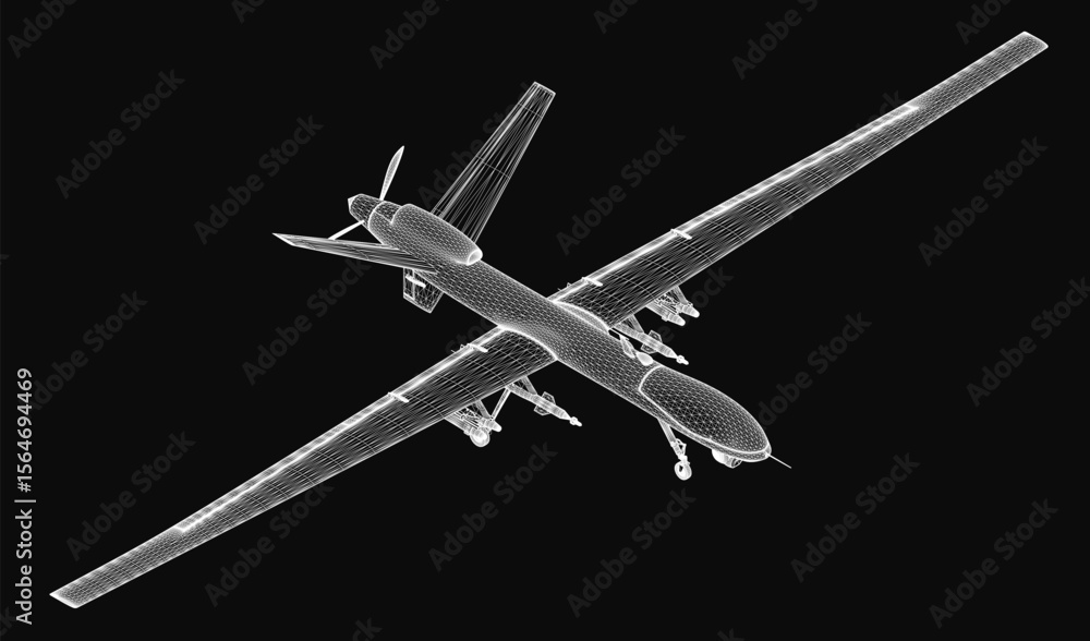 Poster a 3d wireframe model of an unmanned aerial vehicle (uav) displayed on a black background, highlighti
