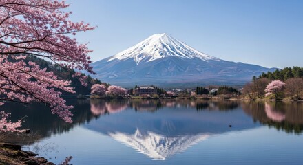 Majestic Mountain Reflection Amidst Cherry Blossoms