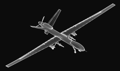 A 3D wireframe model of an unmanned aerial vehicle (UAV) displayed on a black background, highlighting its sleek design and structural details. The drone features a quadcopter frame with visible.