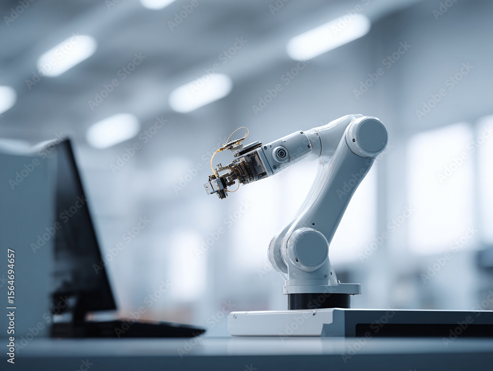 Poster clean, modern image of a robotic arm performing precise work in a hightech environment. concept of a