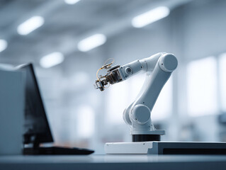 Clean, modern image of a robotic arm performing precise work in a hightech environment. Concept of automation, engineering, future, and innovation. Ideal for industry or technology themes.