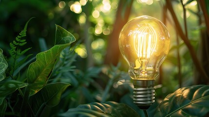 Eco friendly lightbulb with plants green background, Renewable and sustainable energy
