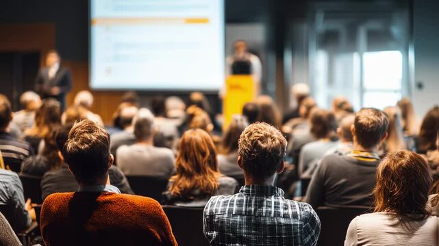 A focused scene of employees attending a presentation at a conference hall with a speaker at the front using a large screen to demonstrate new skills and techniques. The audience is