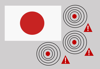 Vector illustration showing the Japanese flag alongside earthquake epicenter and warning symbols.