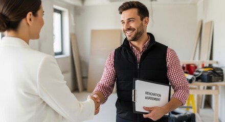 Happy Contractor and Client Shaking Hands During Renovation Project