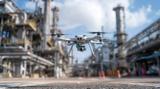 Industrial drone flying in refinery complex