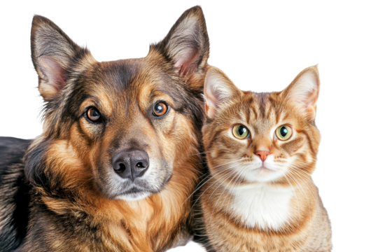 Dog and cat pose together for a friendly portrait capturing their unique expressions and personalities