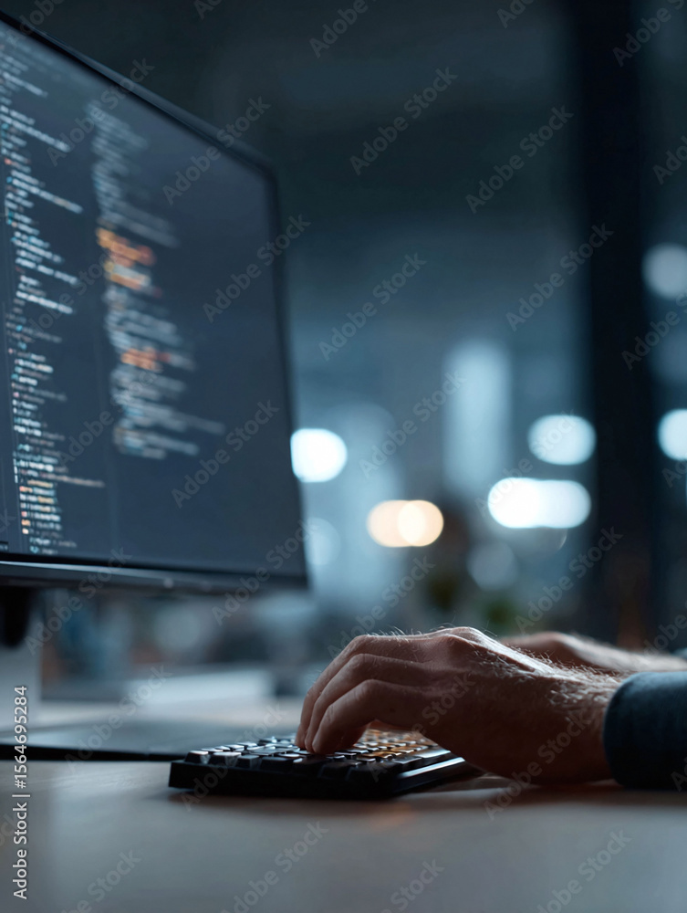 Poster coding at night. focus on hands typing on keyboard. shows software development, cybersecurity, it wo